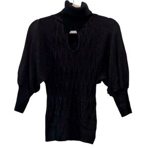 Bebe Open Key Hole Front Turtleneck Black Pattern Fitted Stretch Sweater Top M